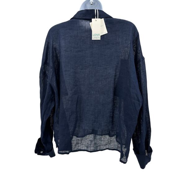 Cynthia Rowley 100% Linen Shirt WMNS L Blue Navy Long Sleeve Button Front Sheer - Picture 6 of 9